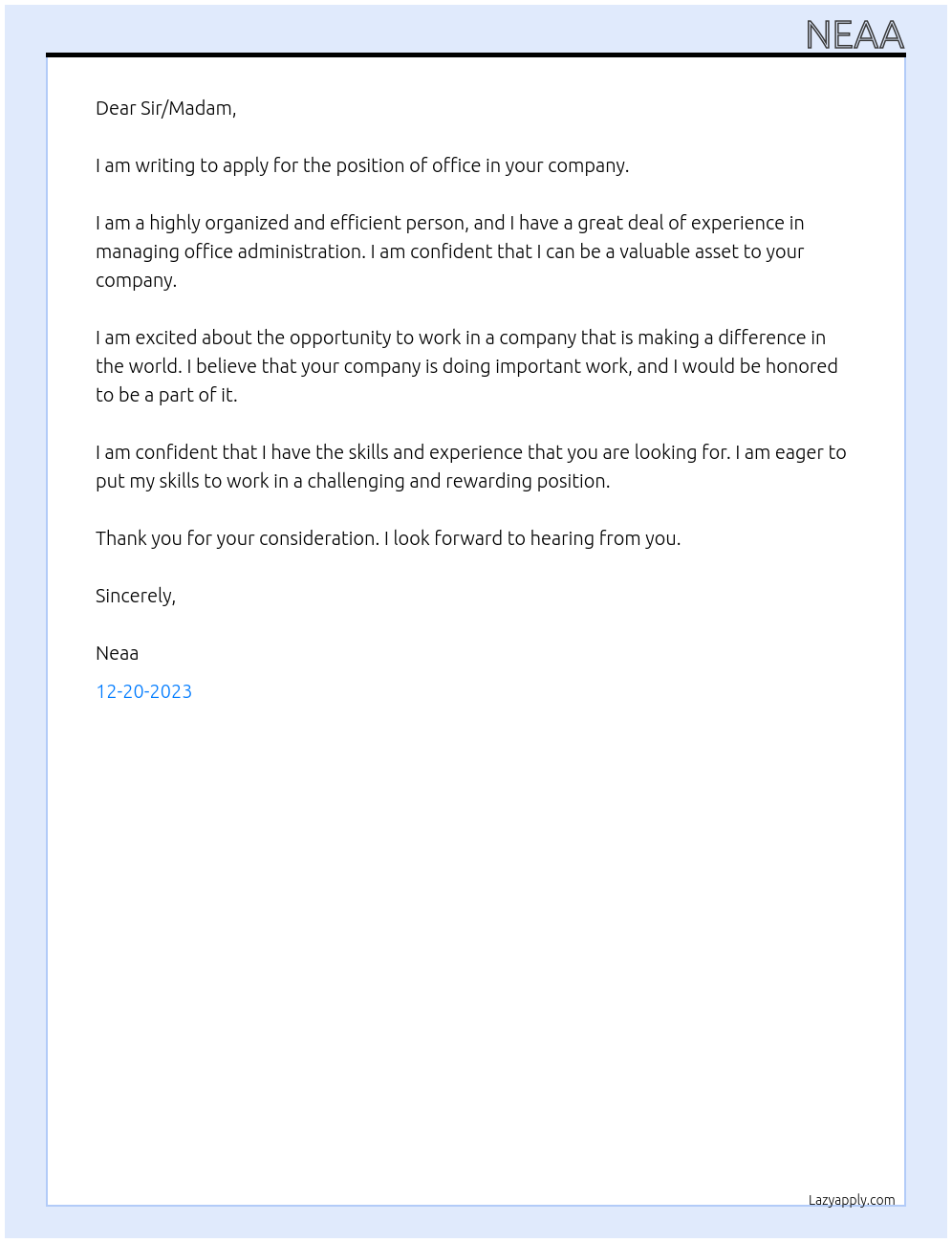 office At admin Cover Letter