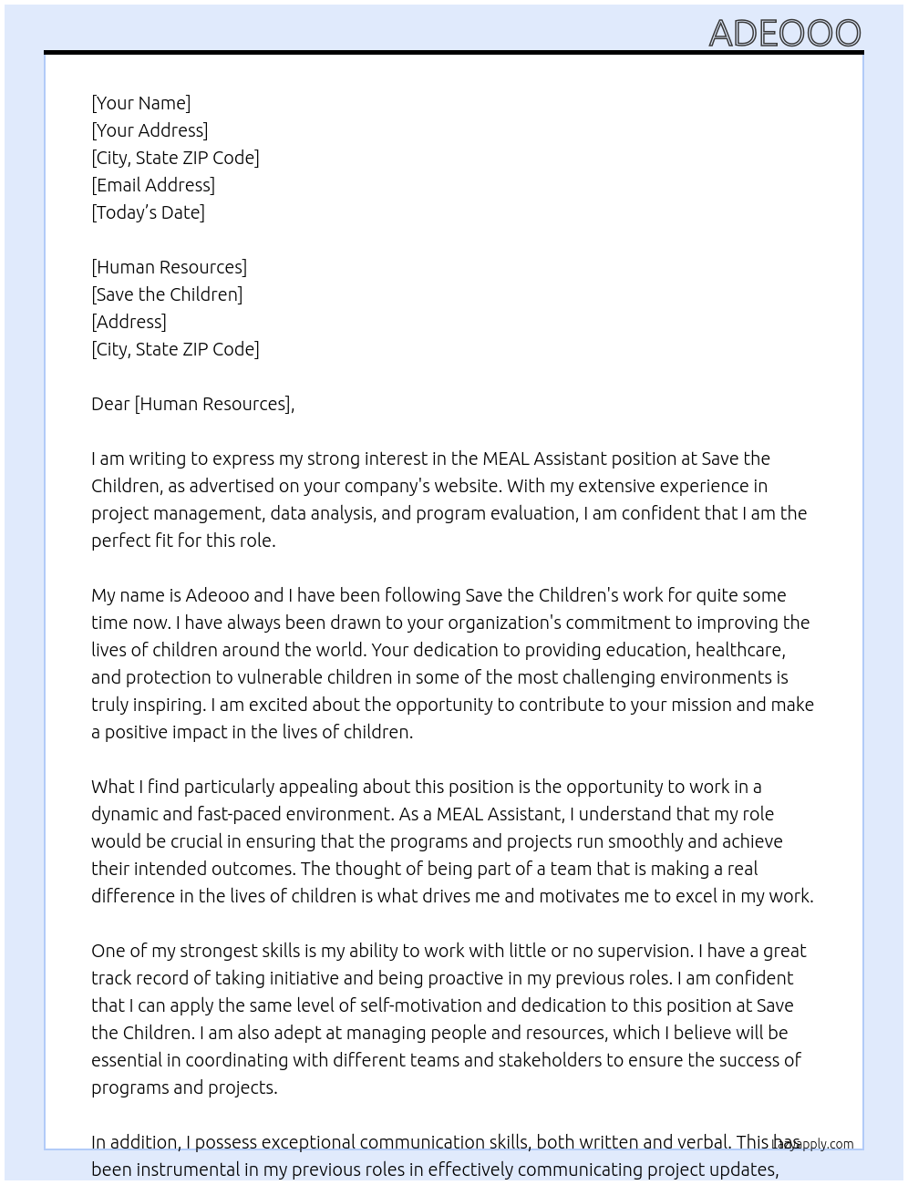 MEAL Assistant At Save the Children Cover Letter
