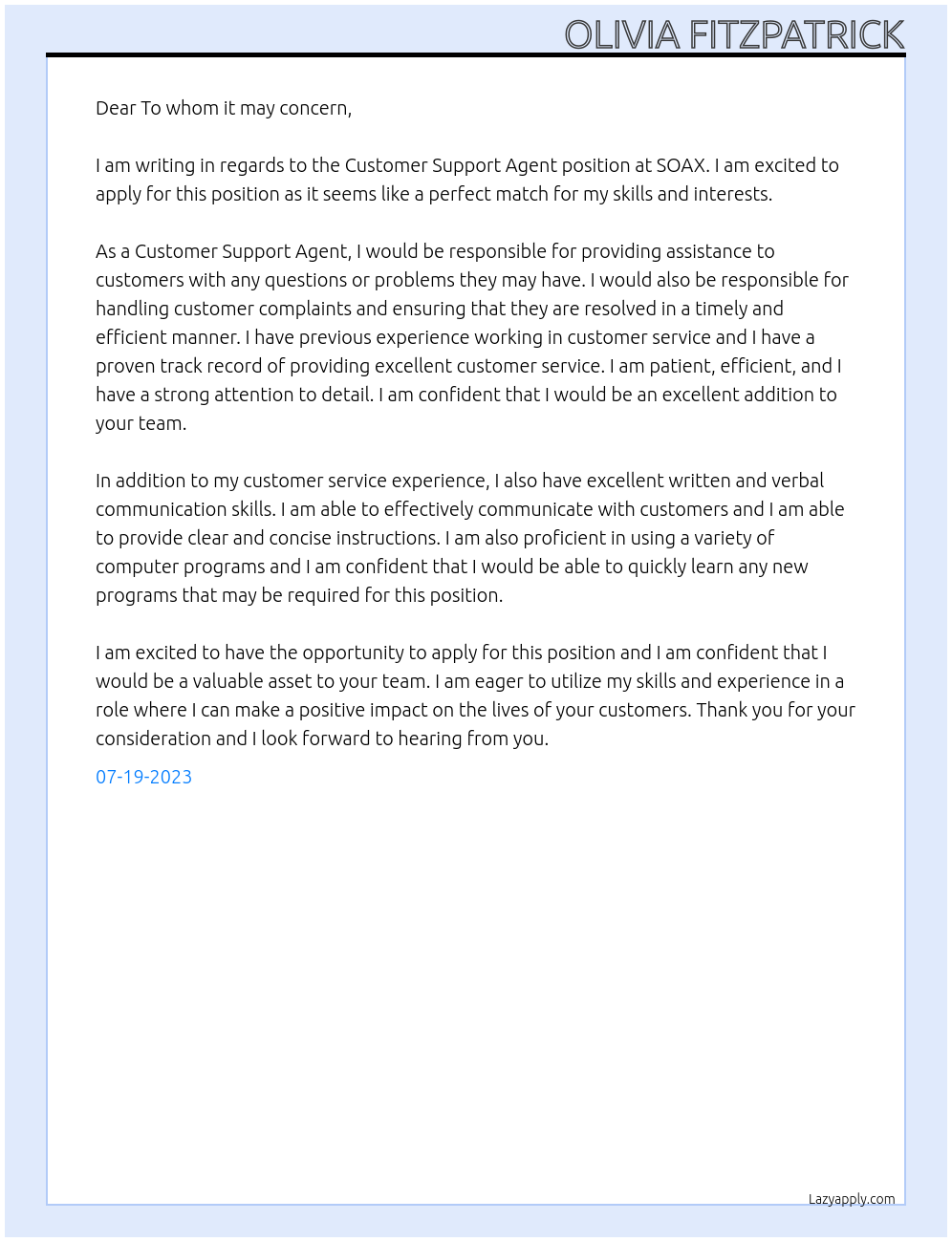 Customer Support Agent At SOAX Cover Letter
