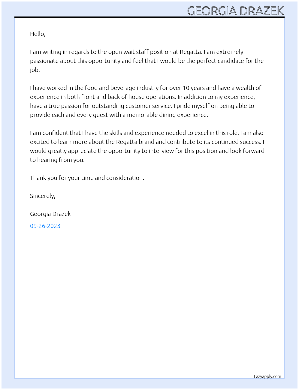 Wait Staff At Regatta Cover Letter