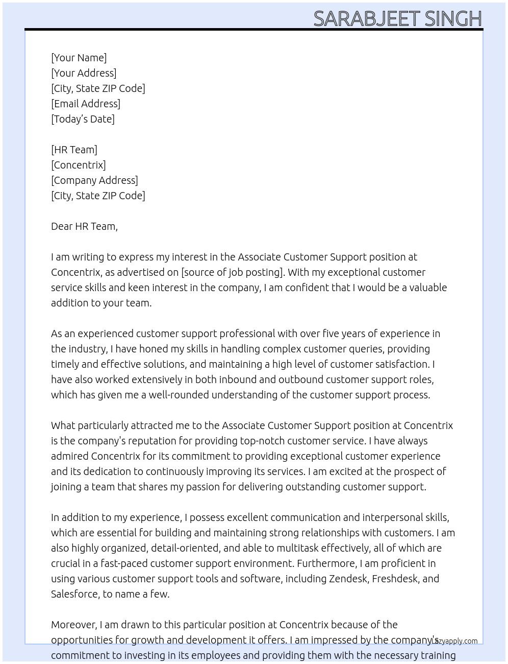 Associate customer support At Concentrix Cover Letter