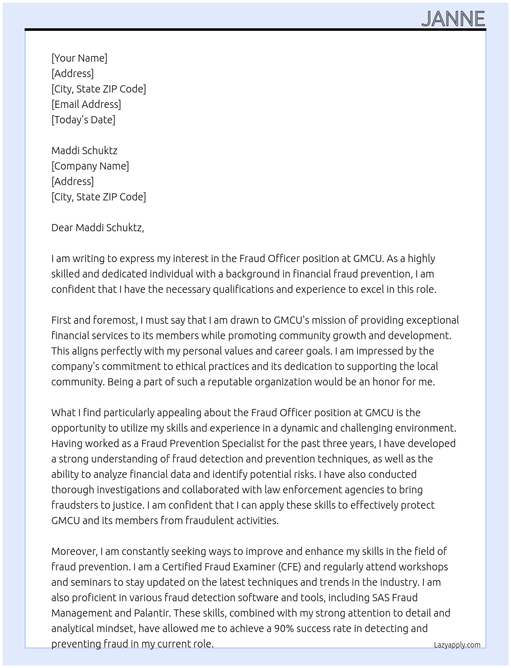 Fraud Officer At GMCU Cover Letter