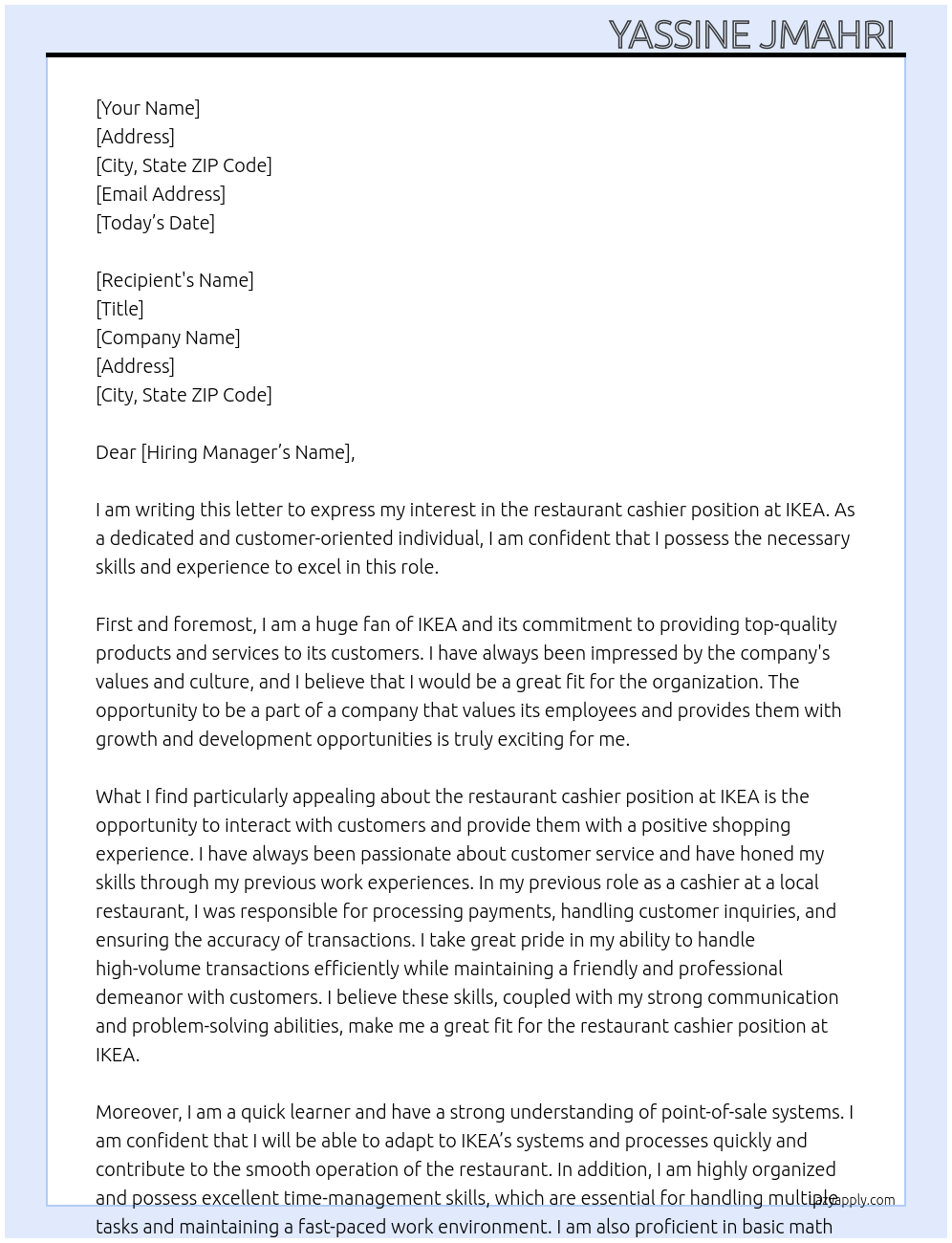 Restaurant cashier  At IKEA  Cover Letter