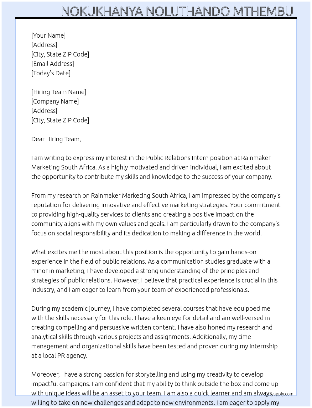 Public Relations Intern At Rainmaker Marketing South Africa Cover Letter