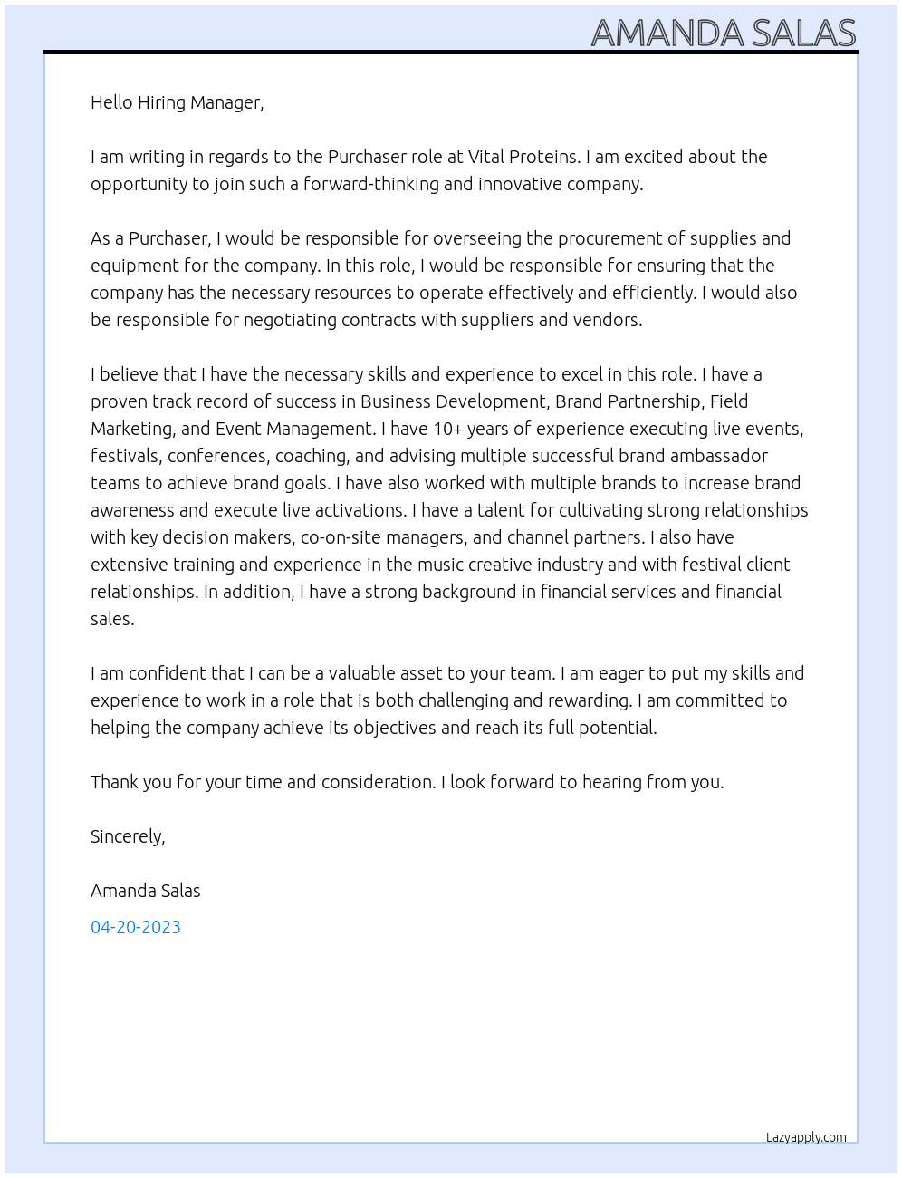 Purchaser At Vital Protiens Cover Letter