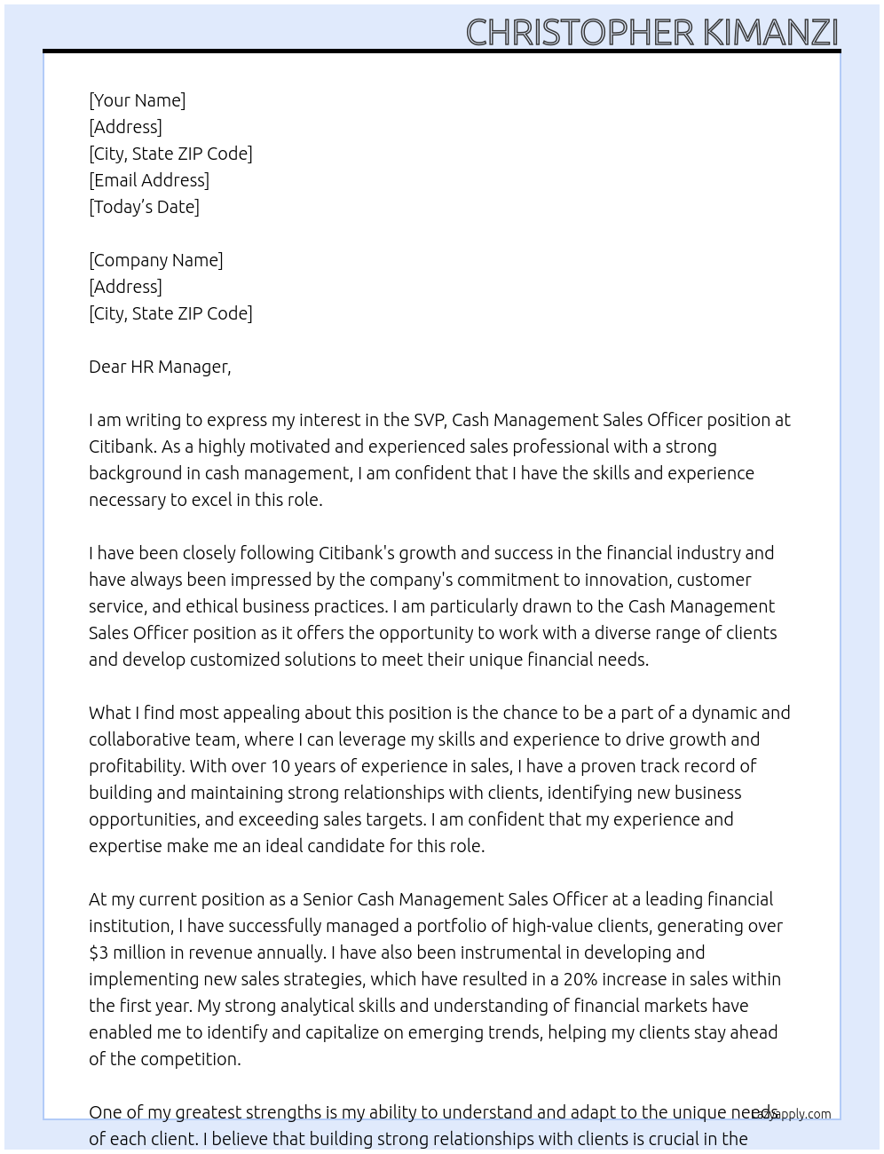 SVP, Cash Management Sales Officer At Citibank  Cover Letter