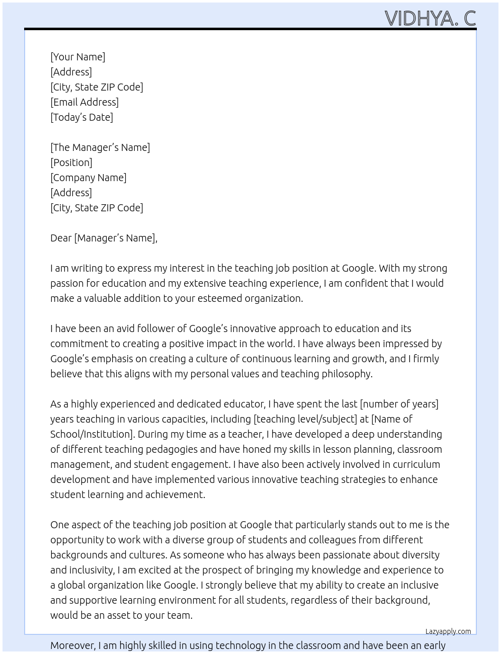 Teaching job At Google Cover Letter