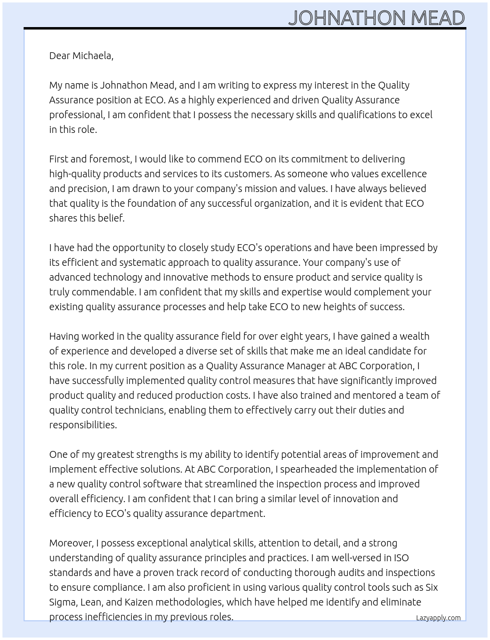 Quality Assurance At ECO Cover Letter