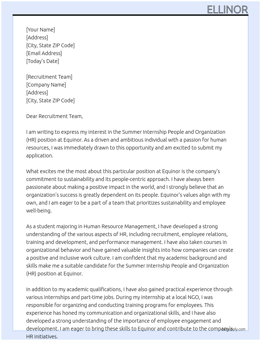 Summer Internship People and Organization (HR) At Equinor Cover Letter