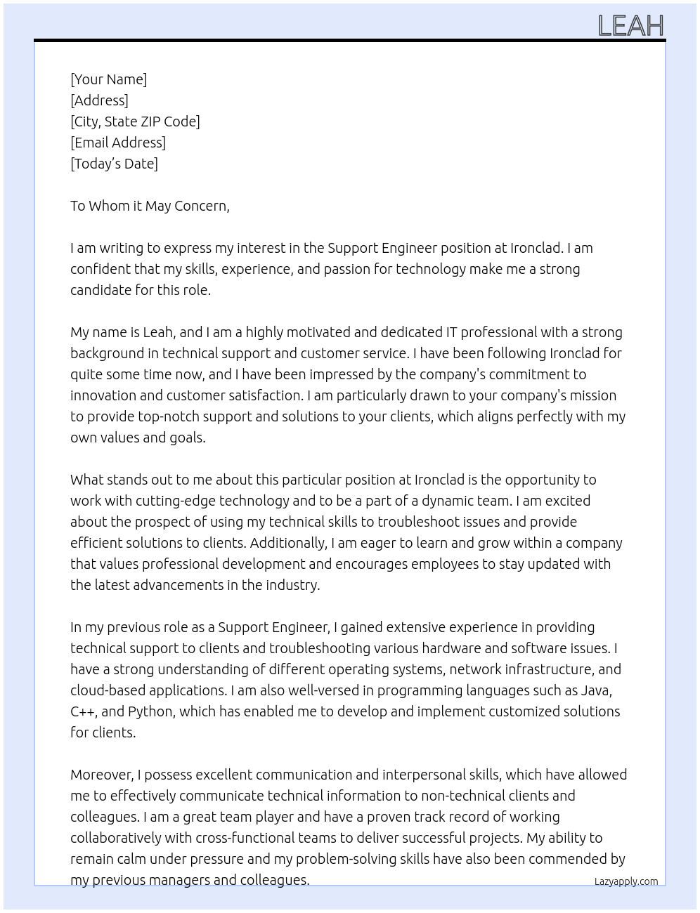 Support Engineer At Ironclad Cover Letter