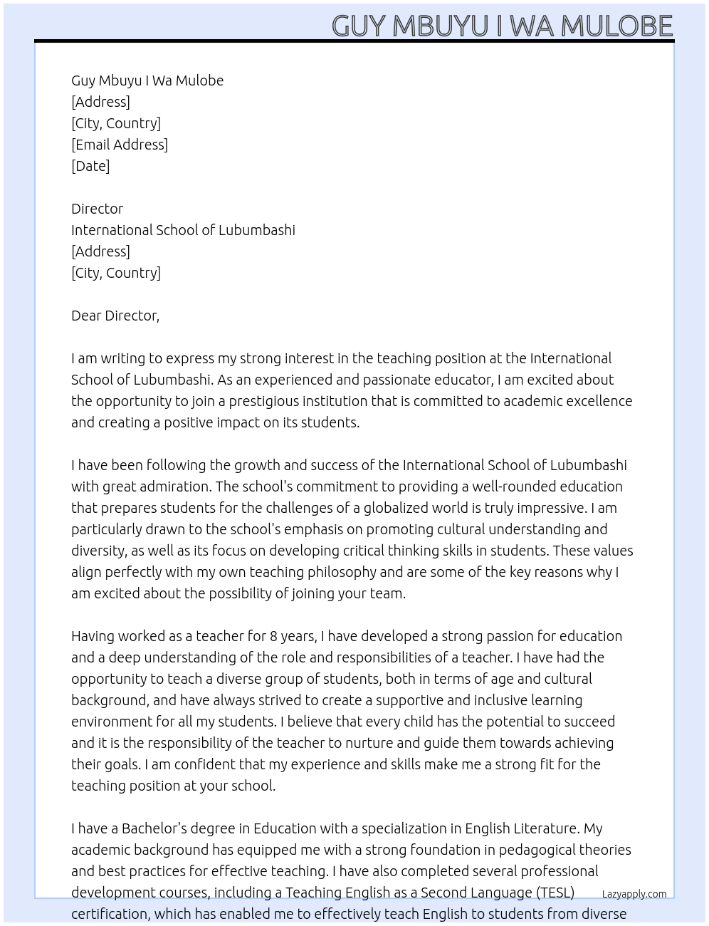 Teaching position At International School of Lubumbashi Cover Letter