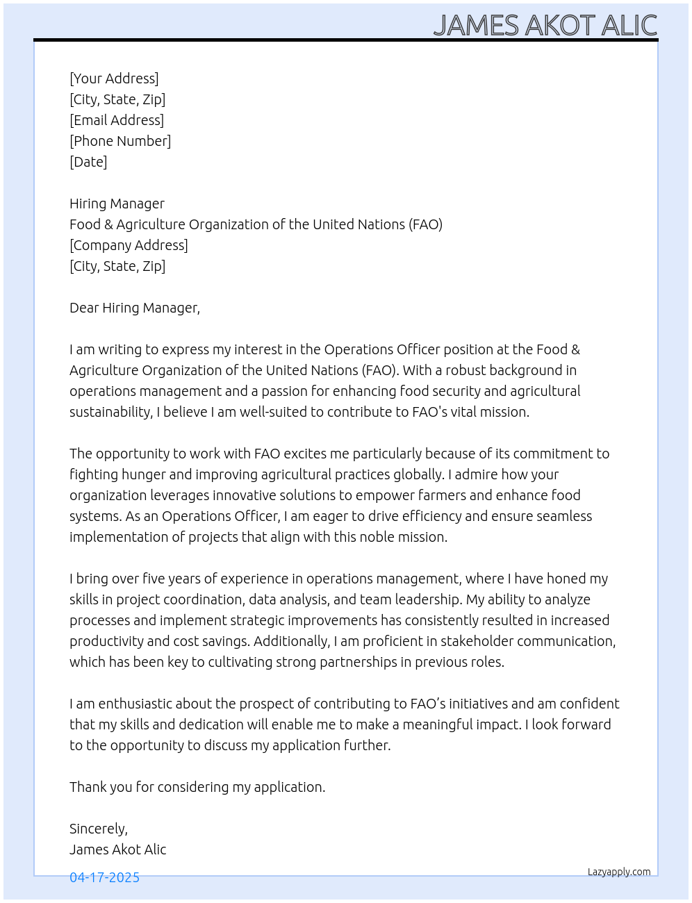 Operations Officer  At Food & Agriculture Organization of the United Nation-FAO Cover Letter