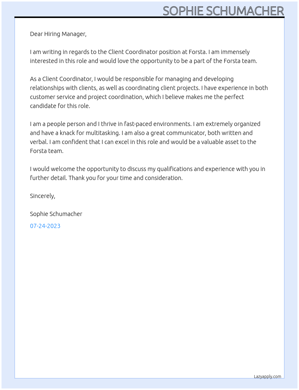 Client Coordinator At Forsta Cover Letter