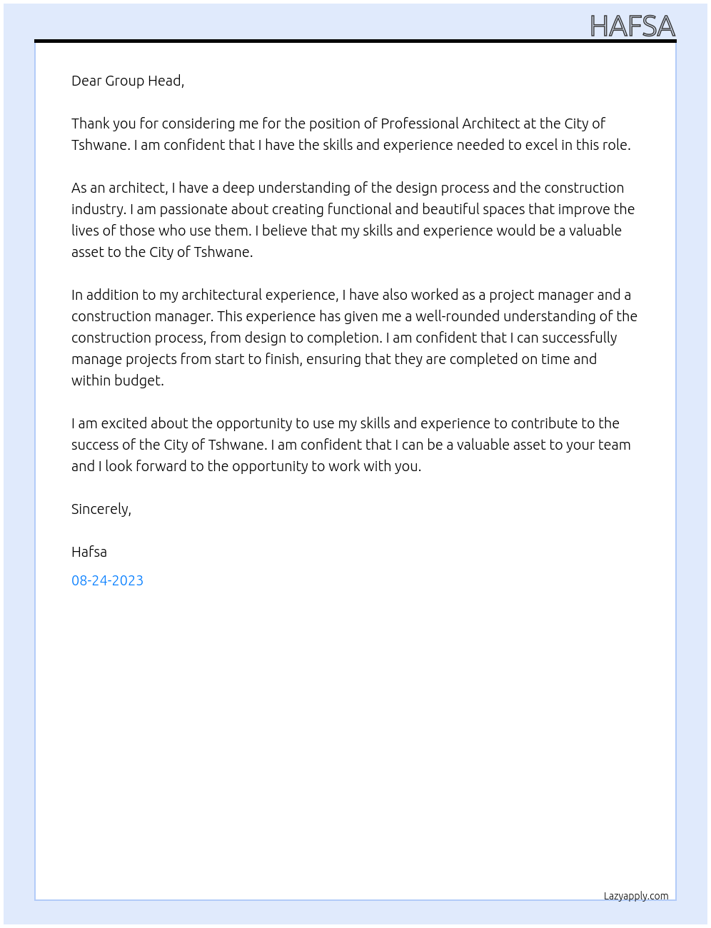 Professional architect At City of Tshwane Cover Letter