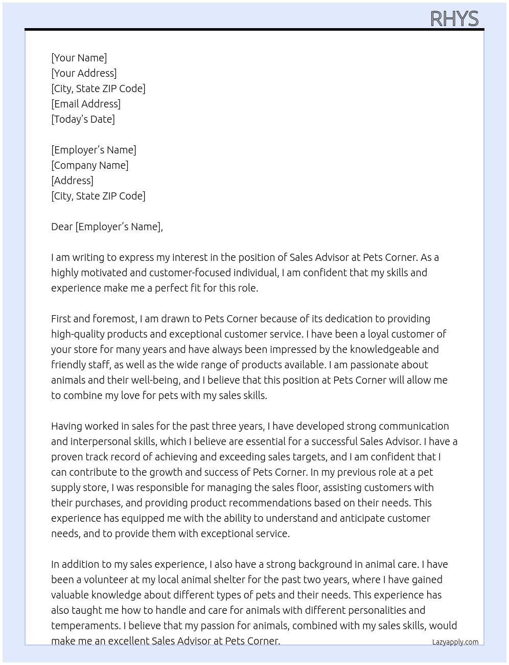 sales advisor At pets corner Cover Letter