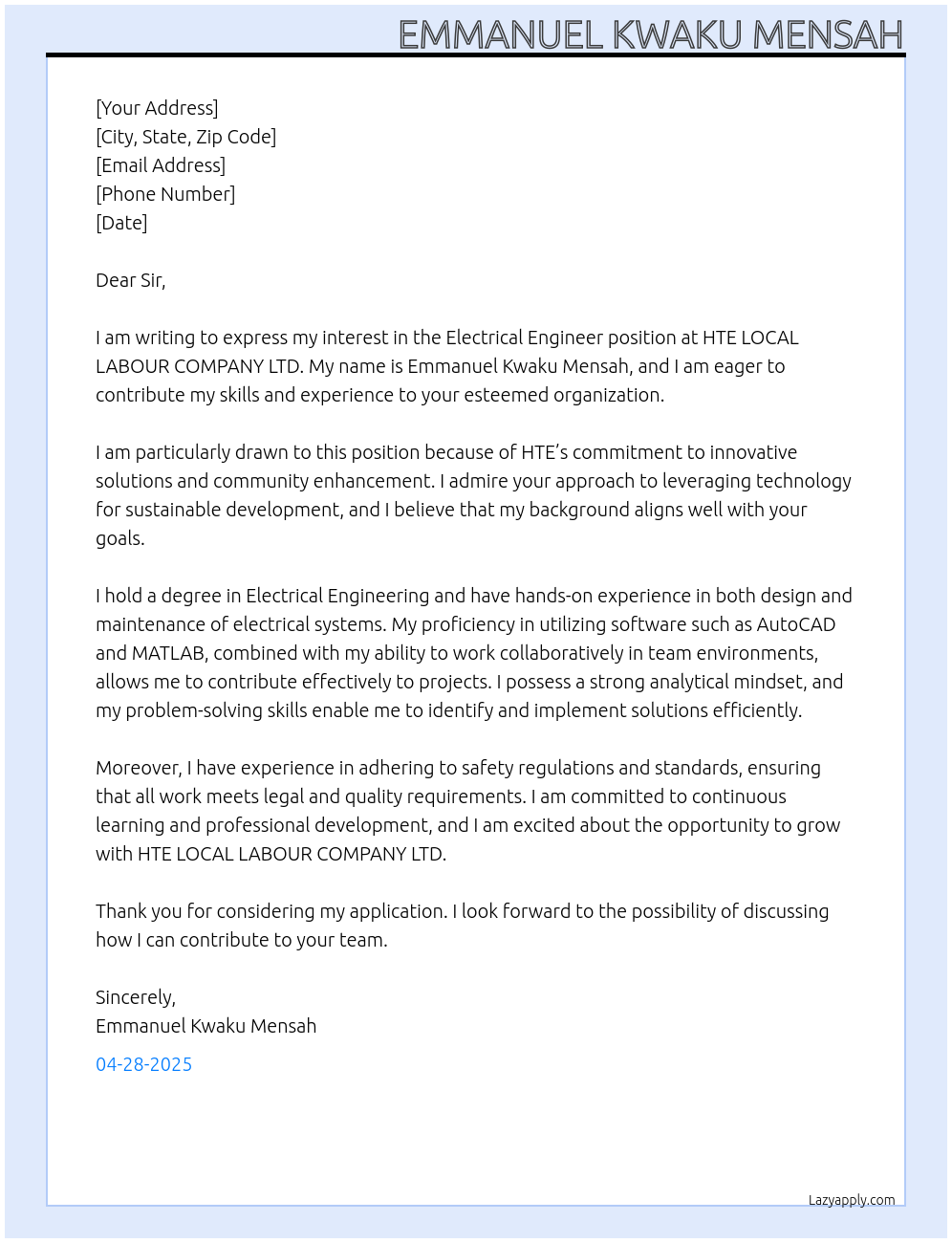 Electrical Engineer At HTE LOCAL LABOUR COMPANY LTD Cover Letter
