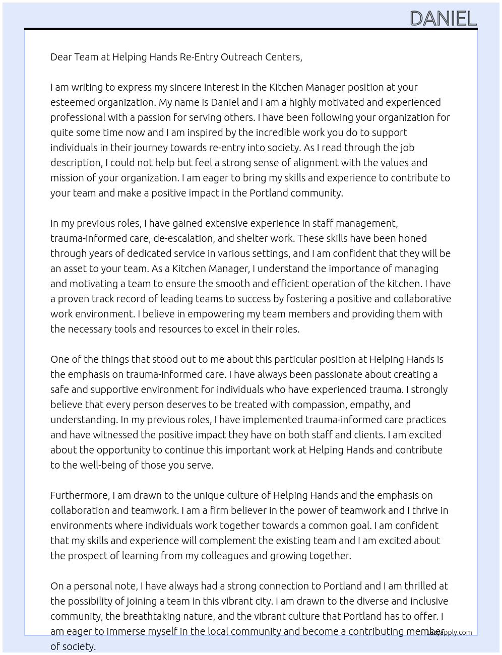 Kitchen manager  At Helping hands re-entry outreach centers Cover Letter