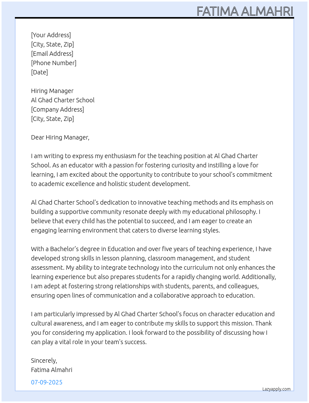 Teacher At Al Ghad Charter School Cover Letter
