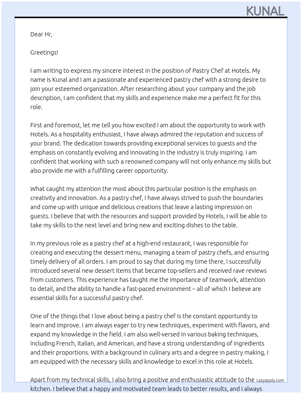 Pastry chef At Hotels Cover Letter
