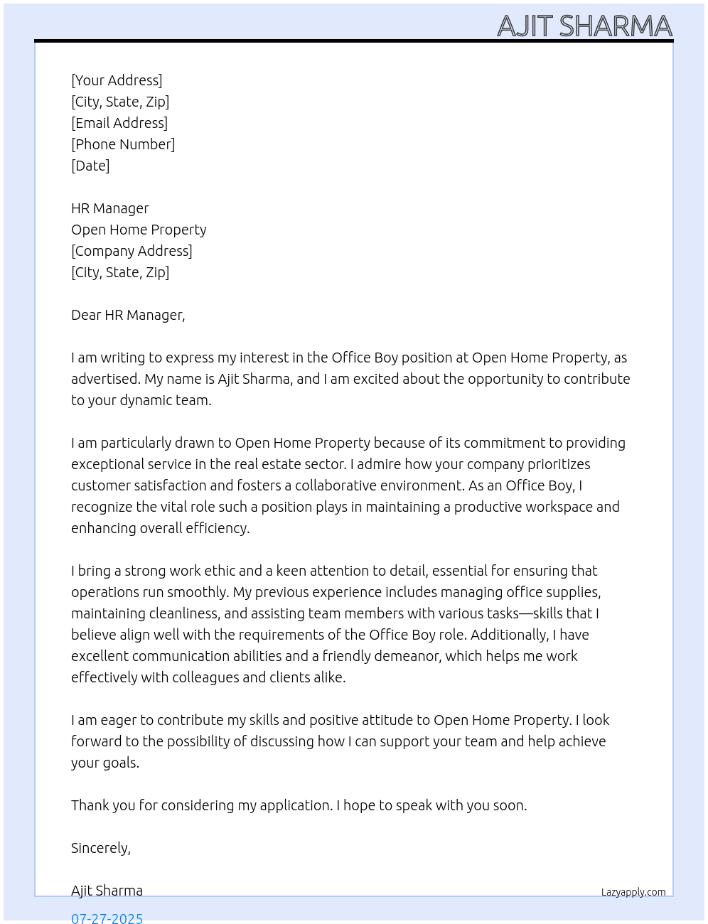 Office boy At Open home property Cover Letter