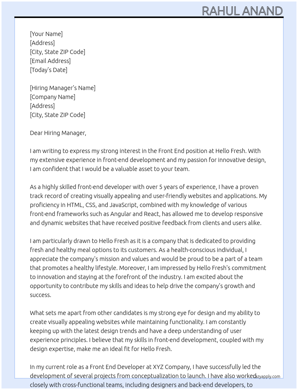 Front end  At Hello Fresh Cover Letter