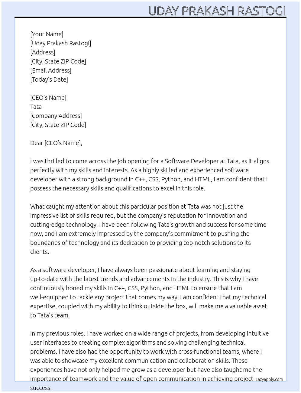 Software devloper At Tata Cover Letter