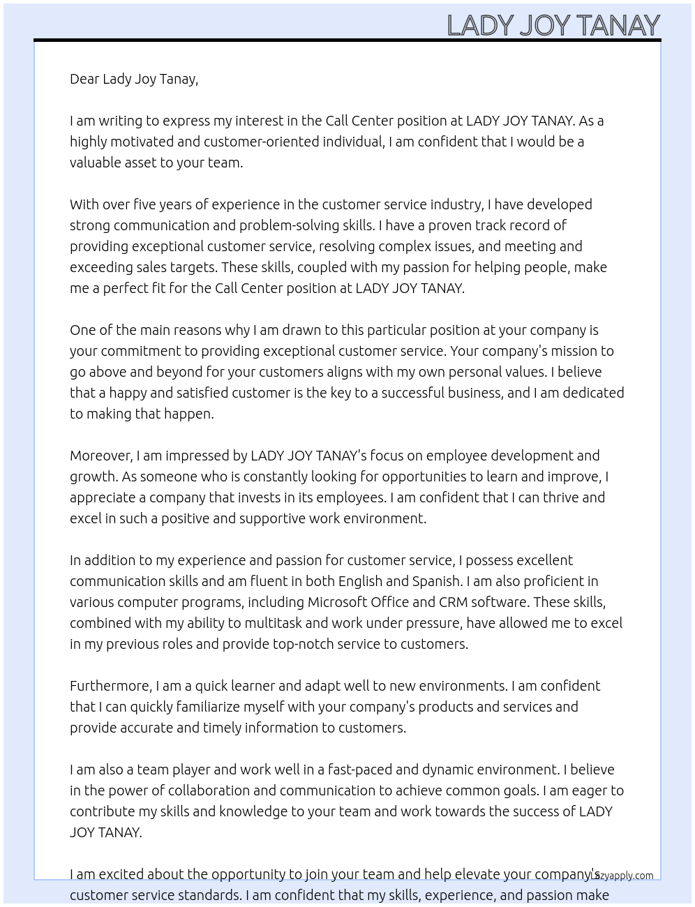 call center At LADY JOY TANAY Cover Letter