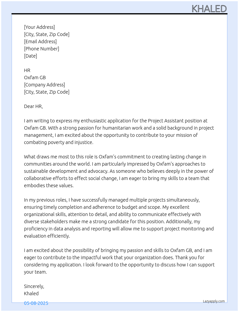 Project Assistant At Oxfam Gb Cover Letter