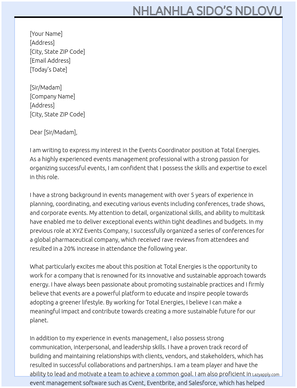 Events Coordinator At Total Energies Cover Letter