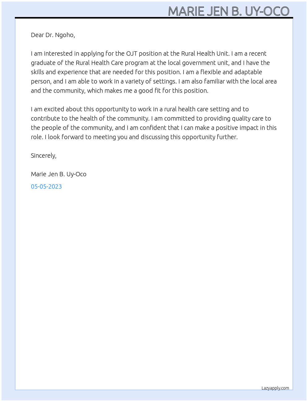 OJT At Rural Health Unit Cover Letter