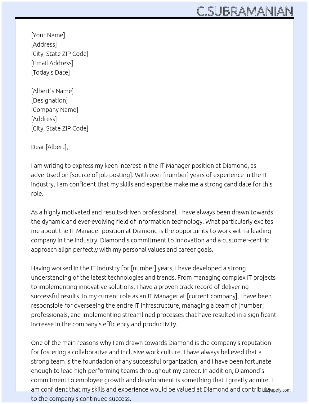IT Manager At Diamond Cover Letter