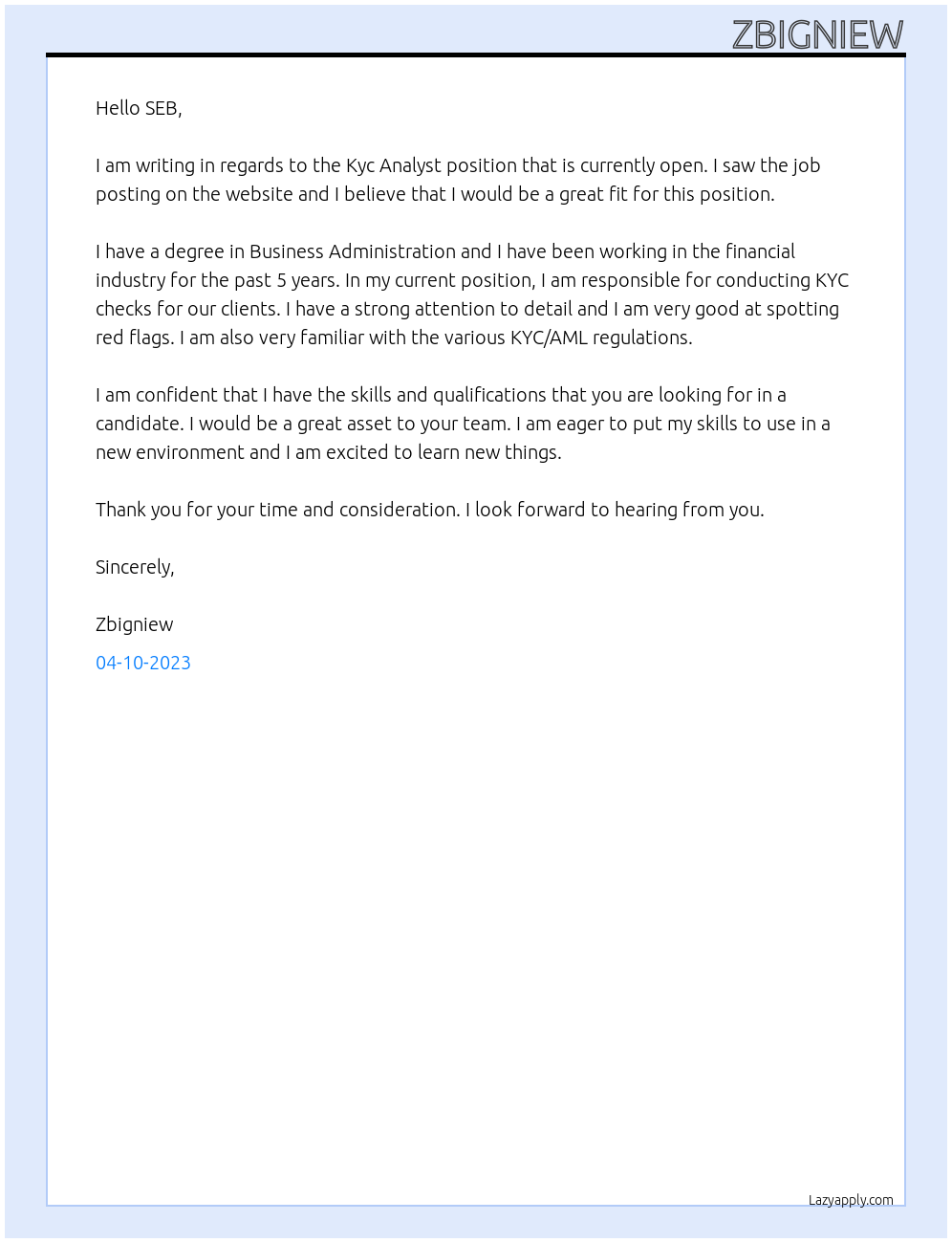 Kyc Analyst At SEB Cover Letter