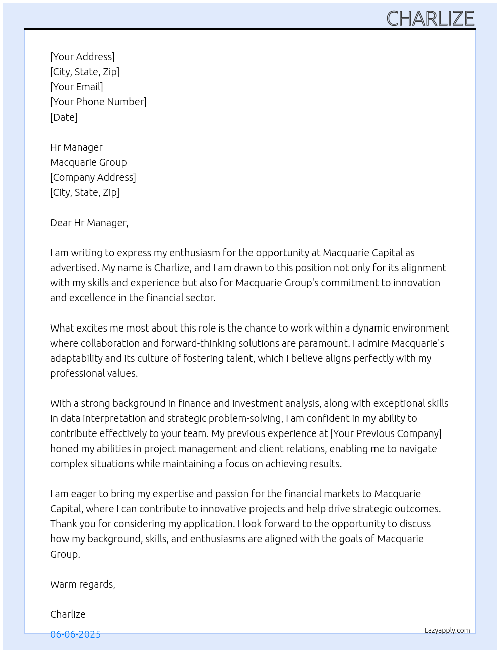 Macquarie Capital At Macquarie Group Cover Letter