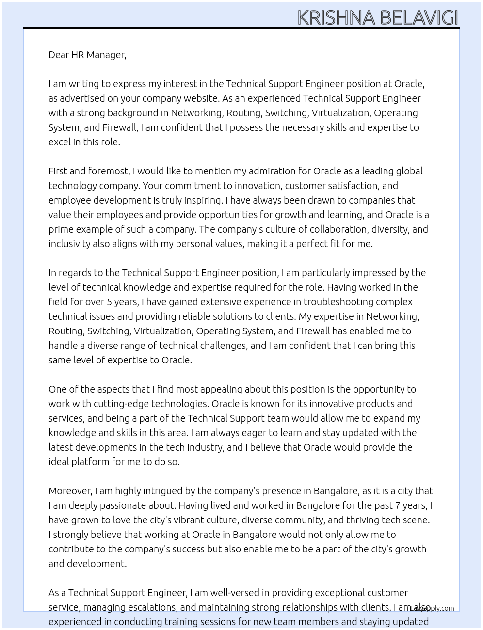 Technical Support Engineer At Oracle Cover Letter