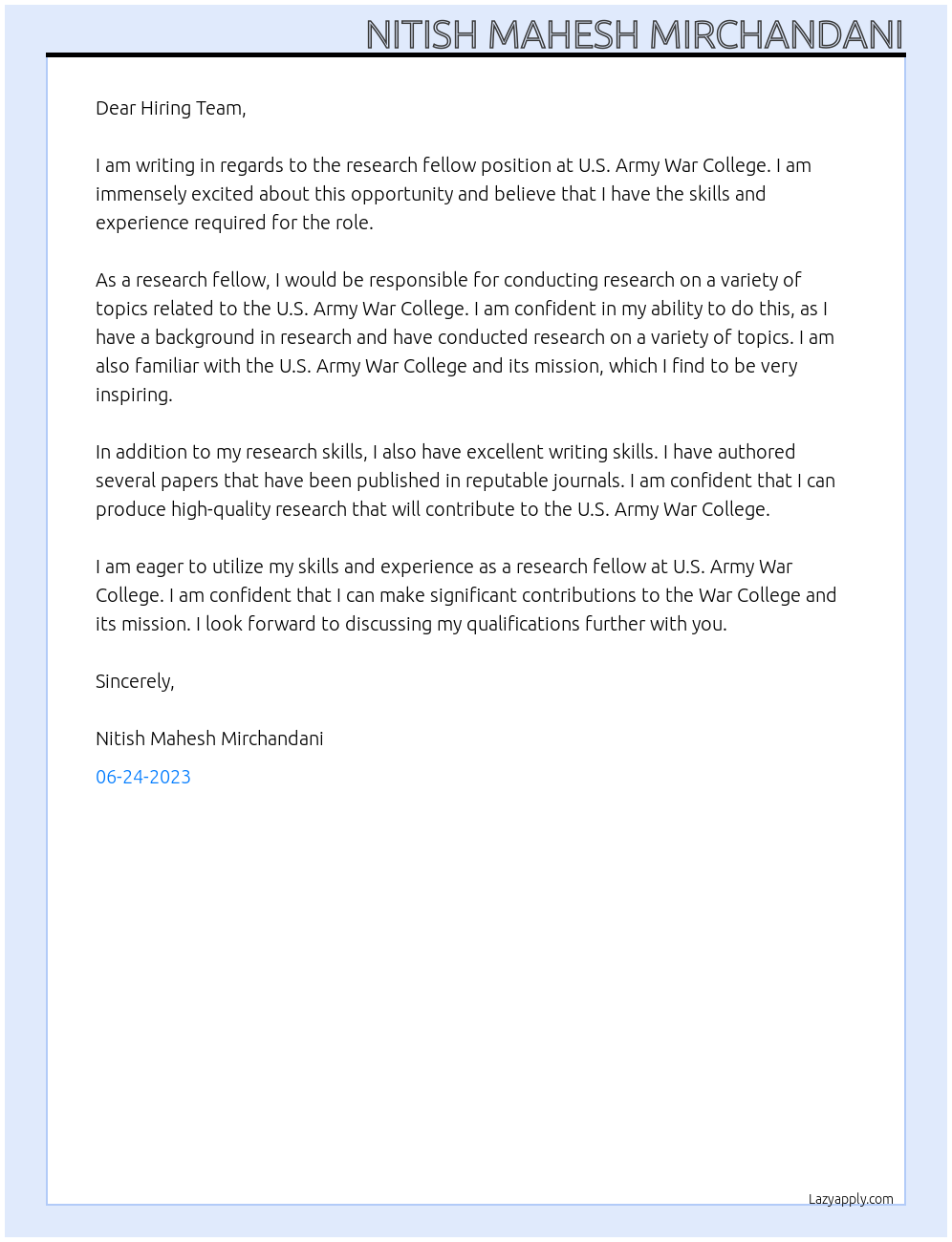 Research Fellow At U.S. Army War College Cover Letter
