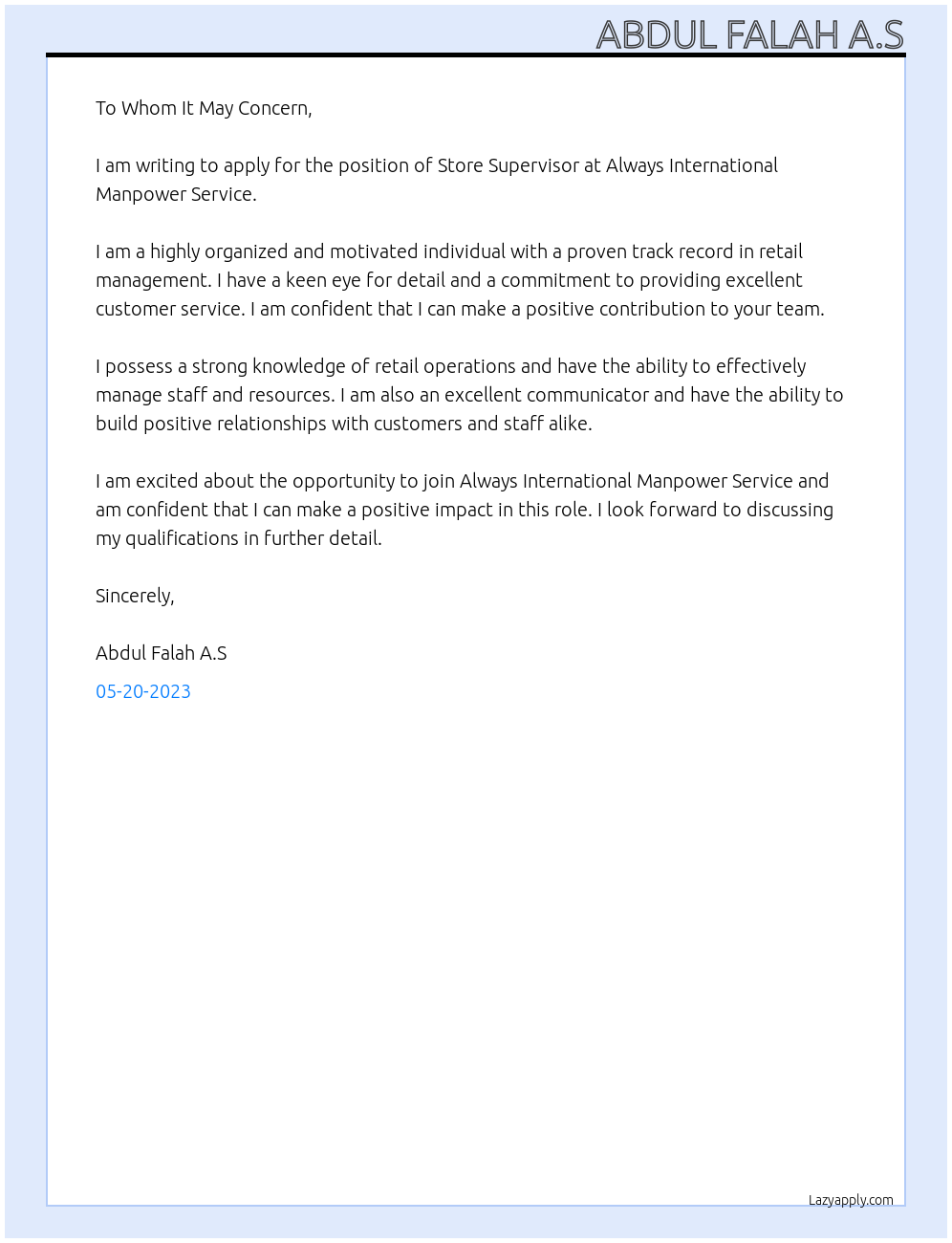 Store supervisor At Always international manpower service Cover Letter