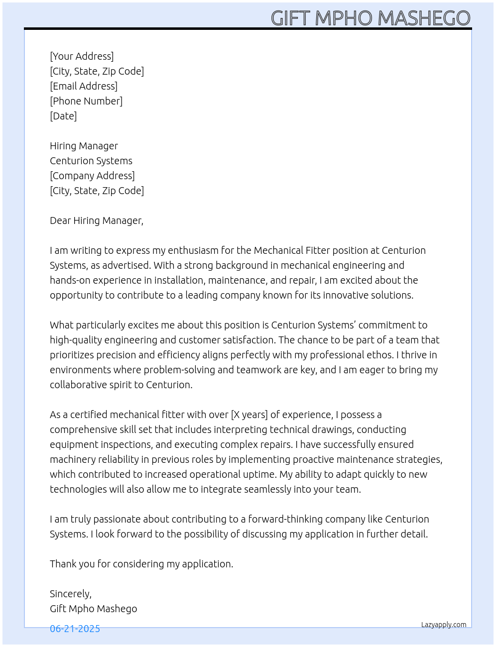 mechanical fitter At centurion systems Cover Letter