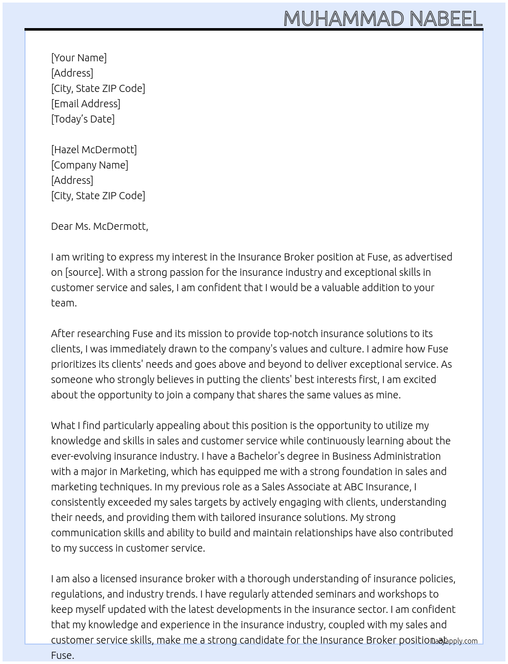 Insurance Broker At Fuse Cover Letter