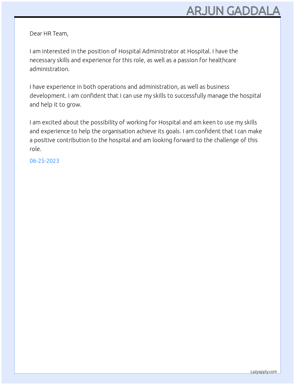 Hospital Administrator  At Hospital Cover Letter