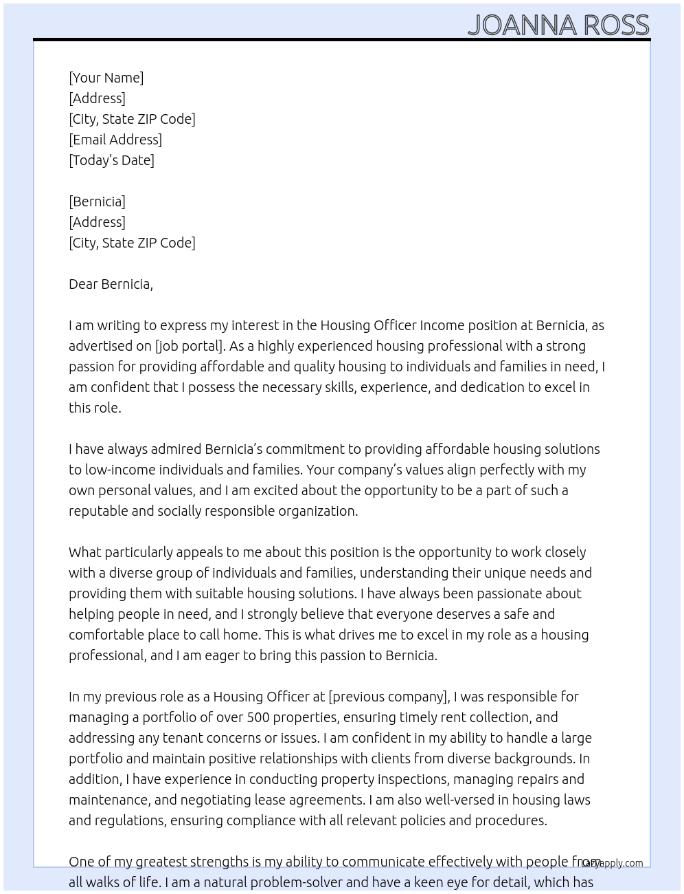 Cover letter for housing officer income - LazyApply