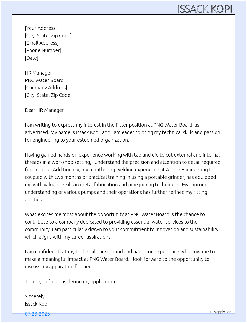 Fitter At PNG Water board , Cover Letter