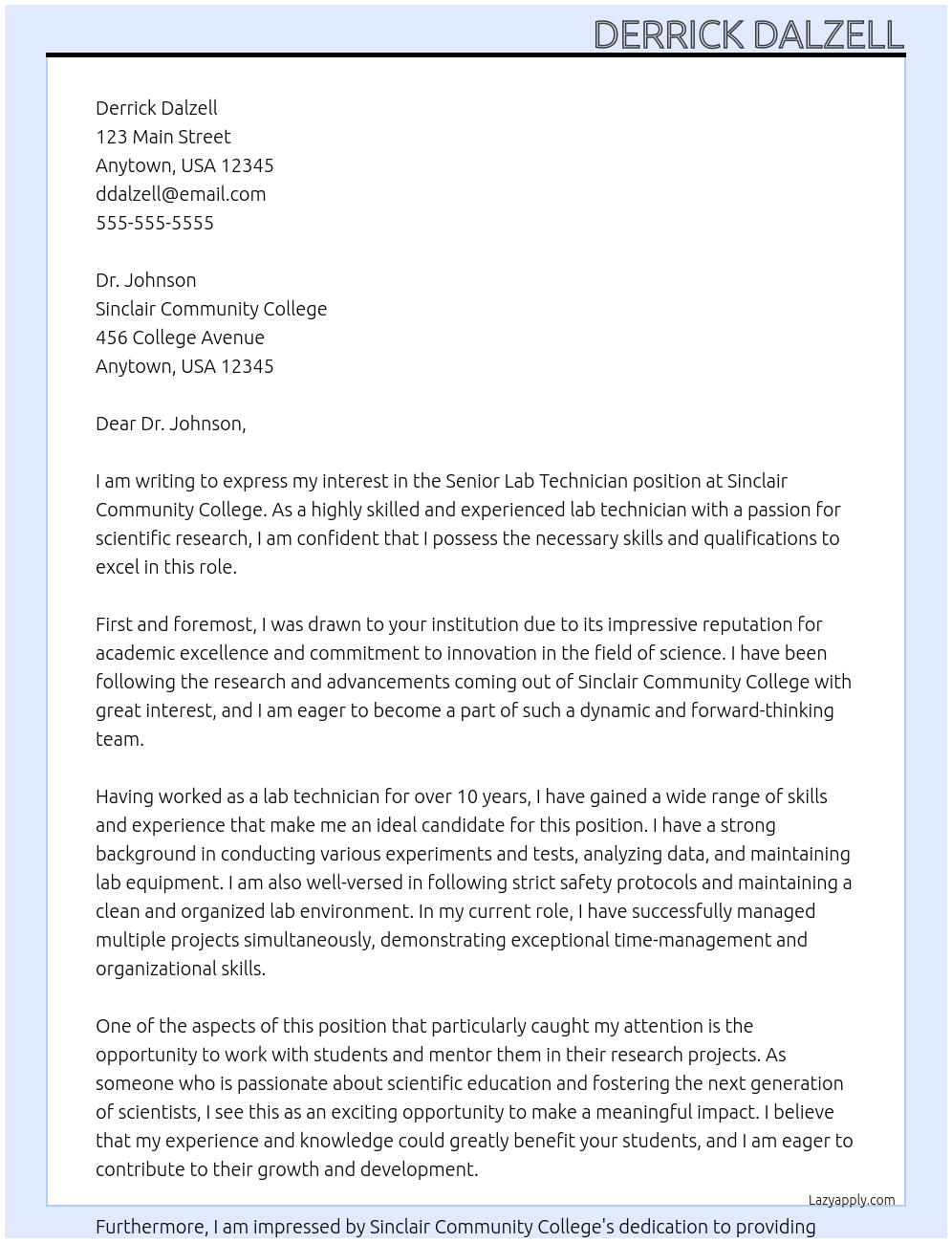 Senior Lab Technician  At Sinclair Comunity College Cover Letter