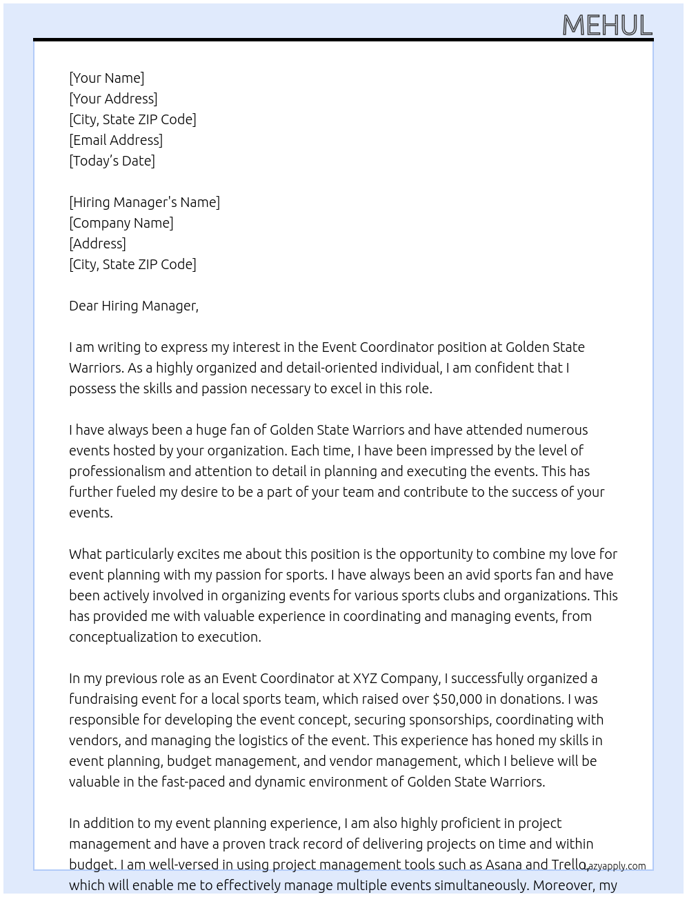 Event Coordinator At Golden State Warriors Cover Letter