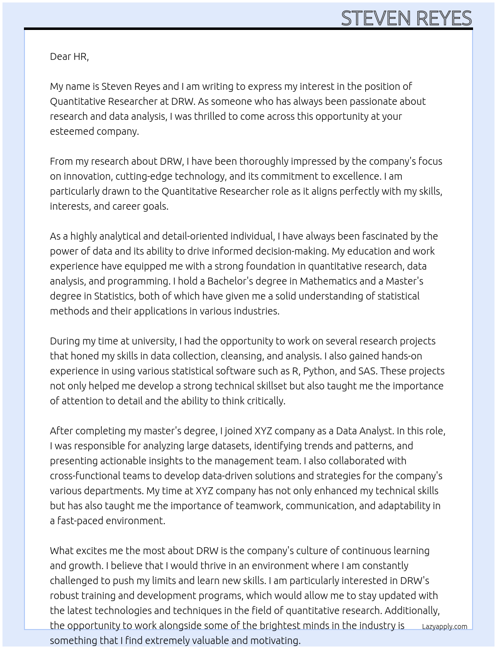 Quantitative Researcher At DRW Cover Letter