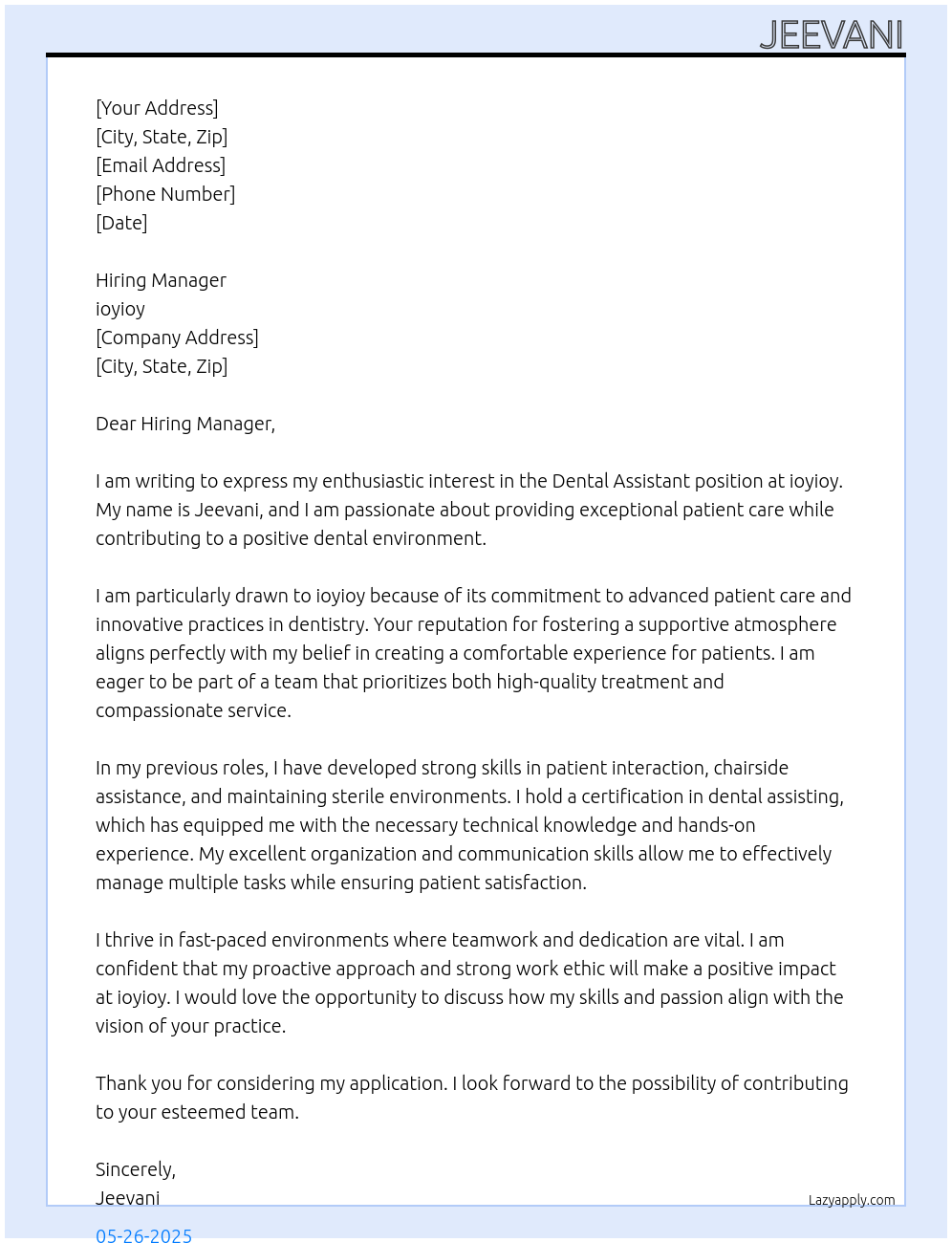 dental assistant At ioyioy Cover Letter