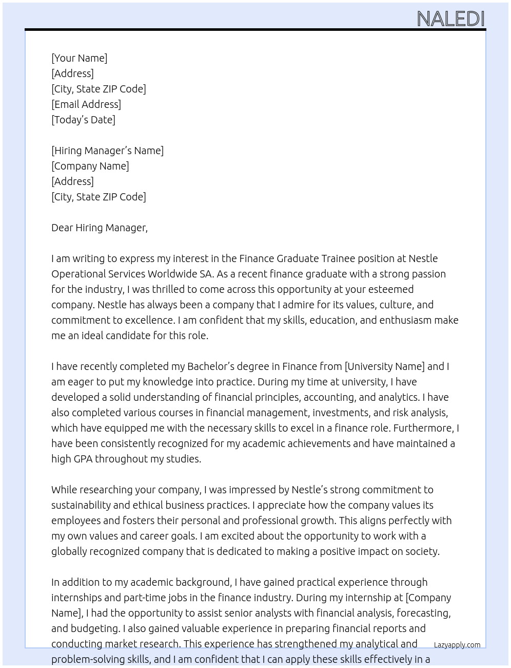 Finance Graduate Trainee At Nestle Operational Services Worldwide SA Cover Letter