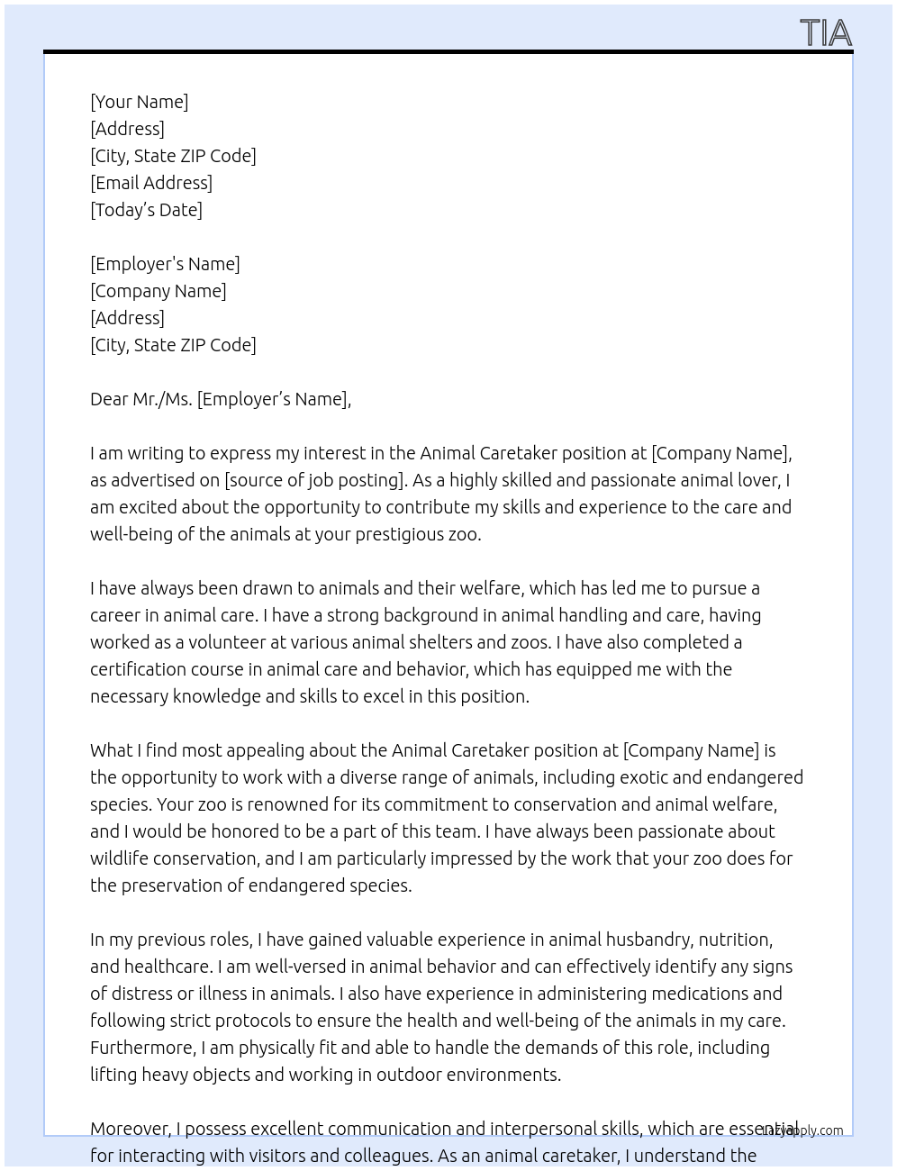 Animal caretaker At Zoo Cover Letter