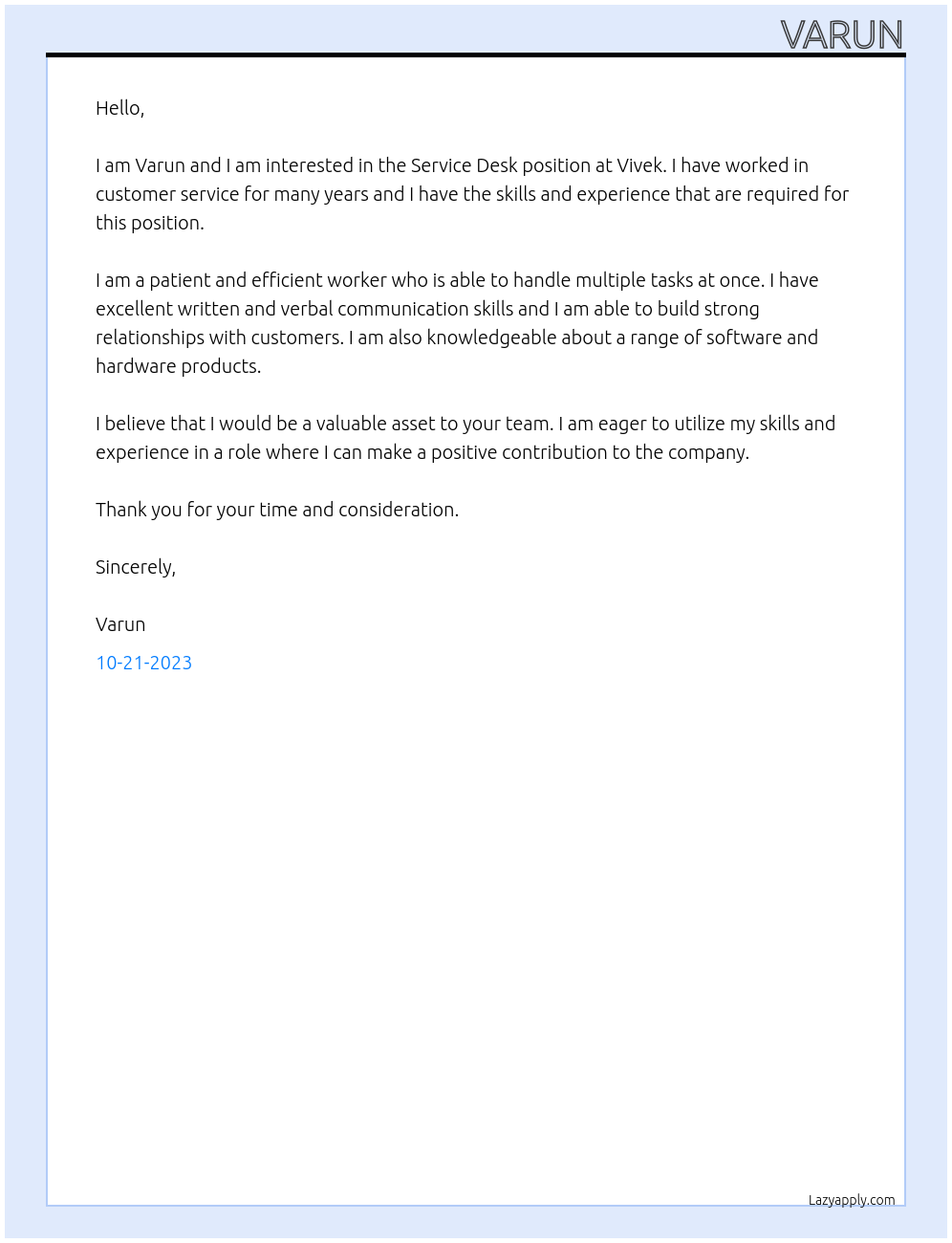 service desk At Vivek Cover Letter