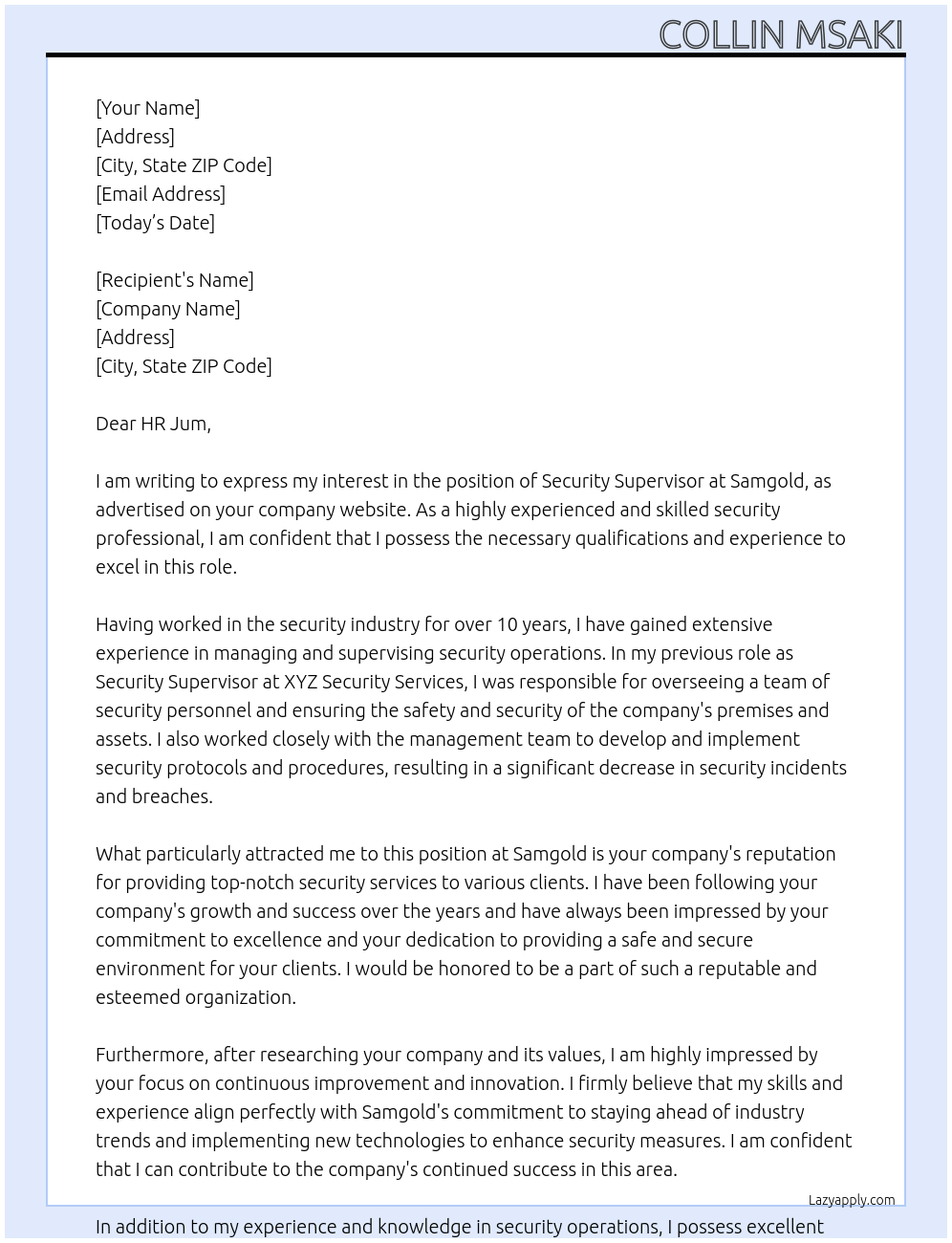 Security supervisor  At Samgold Cover Letter