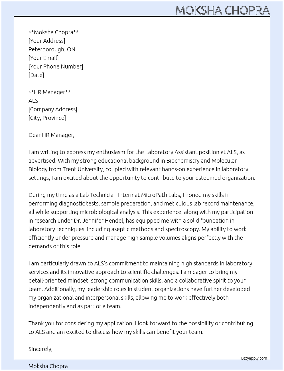 Laboratory Assistant At ALS Cover Letter